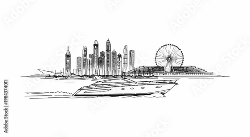 Sketch of a luxurious yacht sailing by a modern city skyline with a Ferris wheel