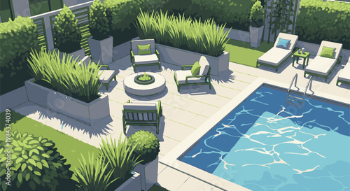 Pixelated rooftop patio with pool, lounge chairs, and fire pit