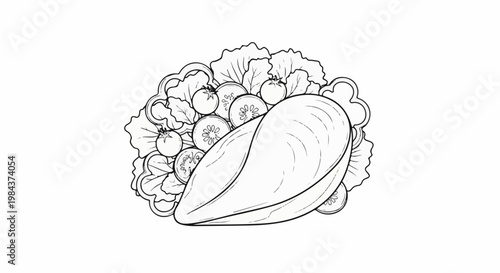Simple line drawing of a large oyster with lettuce, tomatoes, and cucumber slices