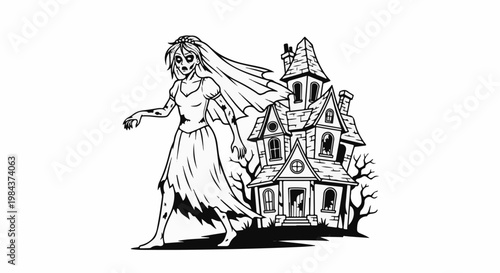 Spooky zombie bride walks towards a haunted house with broken windows