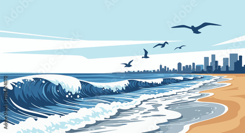 Pixelated ocean waves crash onto a sandy beach with a city skyline silhouette