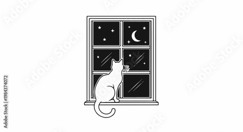 Silhouette of a white cat sitting on a windowsill looking at the night sky