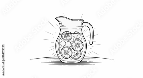 Refreshing pitcher of citrus fruit slices and ice cubes with light rays