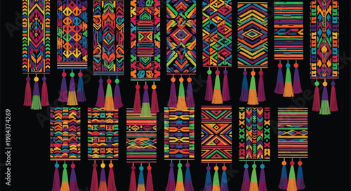 Vibrant tassel patterns, colorful textile designs, geometric shapes, bohemian style elements, decorative borders