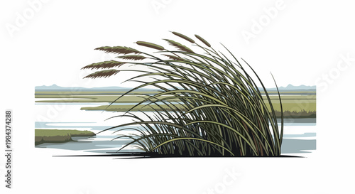 Reed stalks sway in the breeze over a marshy wetland with distant hills