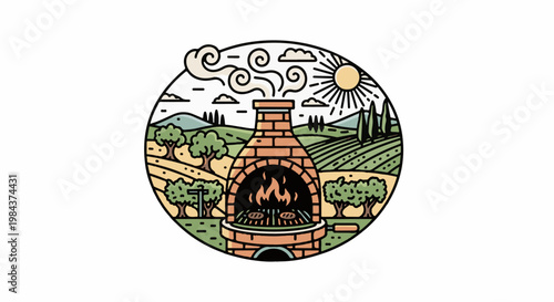 Rustic outdoor grill with smoking chimney in a sunlit countryside