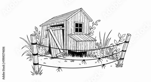 Rustic wooden shed with a hinged door, window, and rudimentary fence