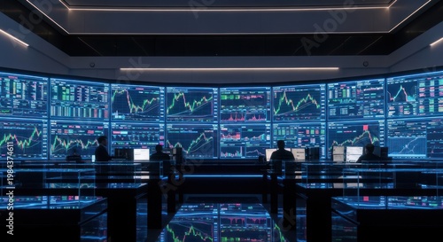 Modern stock market trading floor with multiple large screens displaying complex financial charts graphs and data illuminated by cool blue light with silhouetted traders working