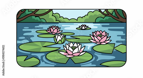 Serene pond with blooming water lilies surrounded by lush green foliage