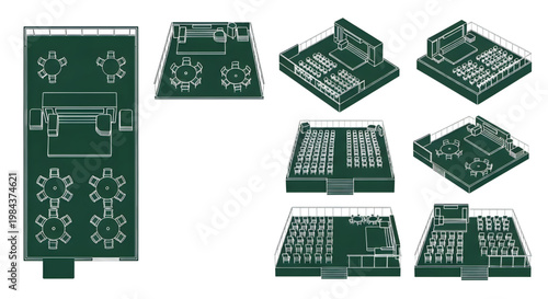 Outdoor Dining and Event Area Layout – Tables Seating Stage Terrace AutoCAD Landscape Technical Drawing White Outline on Dark Green Background