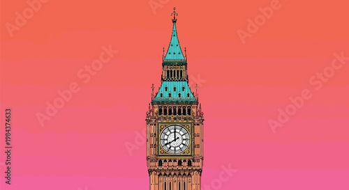 Big Ben London, iconic clock tower, vector illustration, colorful gradient background
