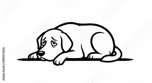 Sad cartoon dog lying down with drooping ears and eyes
