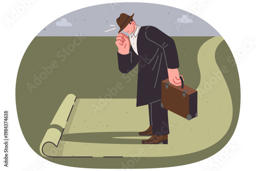 End of road for man with business suitcase, as metaphor for impasse in development or challenge