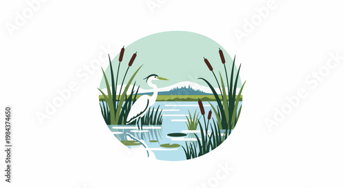 Serene wetland scene with a great egret, cattails, water lilies, and distant mountains