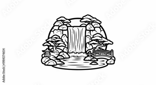 Serene Japanese garden scene with waterfall, bridge, and stone lantern