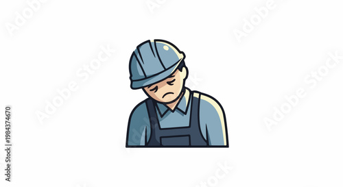 Sad construction worker with blue hard hat and overalls