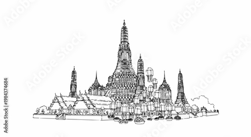 Sketch of a detailed temple complex with spires, arches, and boats