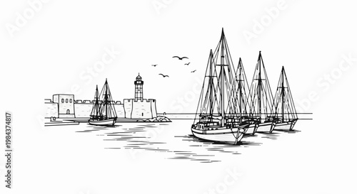 Sailboats near a fortified harbor with a lighthouse and birds flying