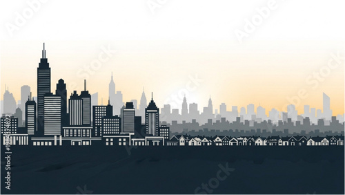 Vector 2D CAD illustration of a city skyline at sunset with tall skyscrapers and urban landscape