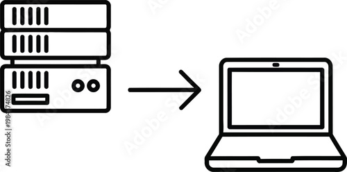 Server to laptop data transfer icon with remote access, technology icon