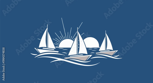 Sailing boats on wavy water with sun rays and two suns rising