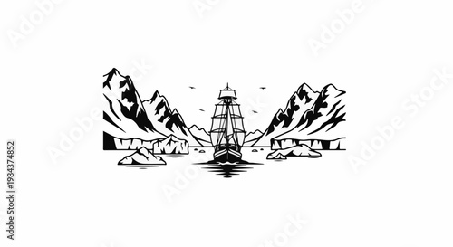 Sailing ship navigates arctic waters between icebergs and mountains