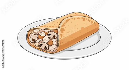 Savory wrap with chicken and mushrooms on a white plate