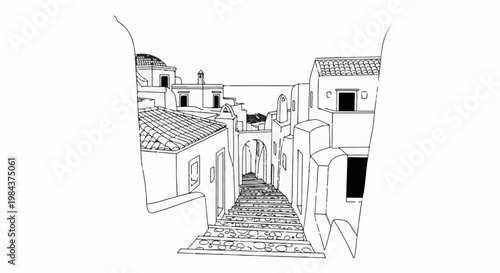 Sketch of a descending stone staircase between whitewashed buildings
