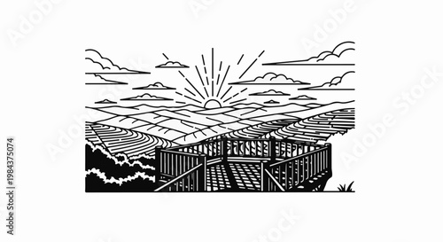 Scenic overlook at sunrise with terraced hills and clouds