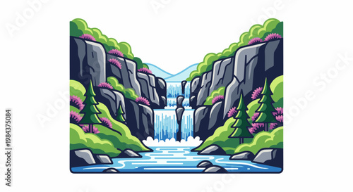 Scenic pixel art waterfall cascades between rocky cliffs, bordered by lush green hills and trees