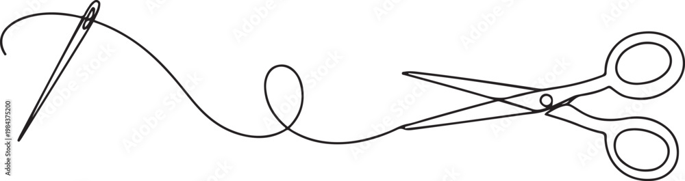 Obraz premium continuous line of needle, thread and scissors.one line drawing of clothing sewing equipment. one line Icon drawing