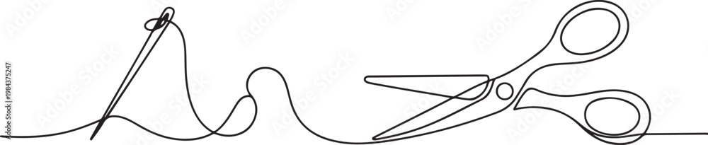 Obraz premium continuous line of needle, thread and scissors.one line drawing of clothing sewing equipment. one line Icon drawing