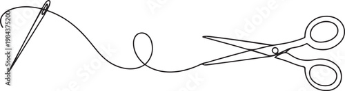 continuous line of needle, thread and scissors.one line drawing of clothing sewing equipment. one line Icon drawing
