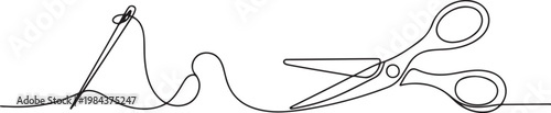 continuous line of needle, thread and scissors.one line drawing of clothing sewing equipment. one line Icon drawing