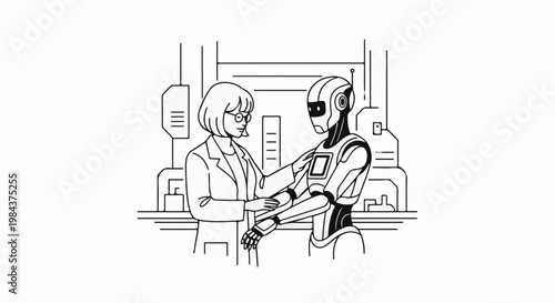 Scientist adjusting a robot's arm in a futuristic lab setting