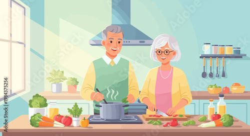 A cheerful senior couple enjoys cooking a healthy meal together in their bright, modern kitchen, demonstrating an active and fulfilling lifestyle.
