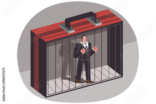 Man office clerk locked in cage, shaped like business suitcase, as metaphor for corporate pressure