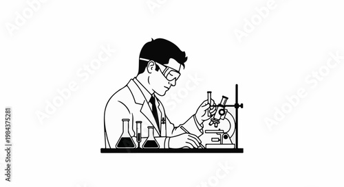 Scientist in lab coat and goggles performs experiment with microscope and test tubes