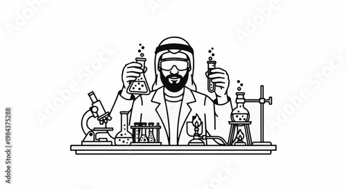 Scientist in lab coat and headwear conducting chemical experiments with beakers