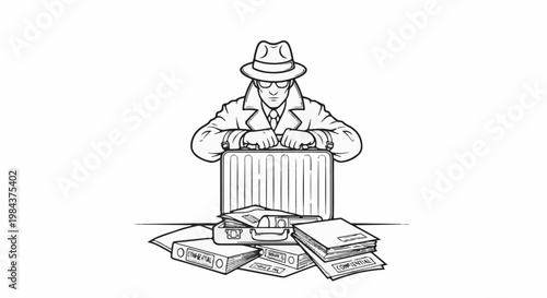 Secret agent guarding a briefcase and confidential files