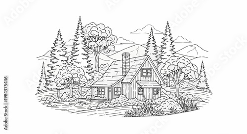Rustic cabin nestled among pine trees with a gentle stream and distant mountains