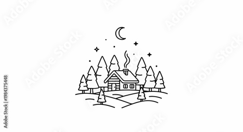 Rustic cabin nestled among pine trees under a crescent moon