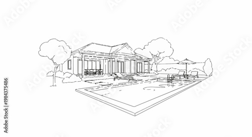 Sketch of a modern home with a swimming pool and lounge chairs
