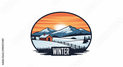 Rustic cabin nestled in snowy mountains at sunset