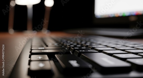 Close-up of a laptop keyboard in low light.