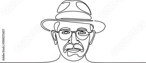 continuous line old man portrait. one line vector of a person's face with a hat and glasses. one line Icon drawing