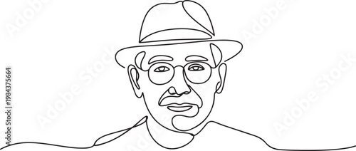 continuous line old man portrait. one line vector of a person's face with a hat and glasses. one line Icon drawing