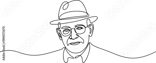 continuous line old man portrait. one line vector of a person's face with a hat and glasses. one line Icon drawing