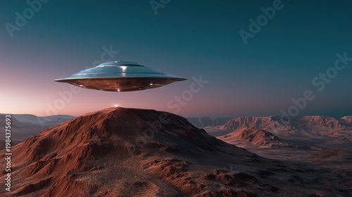 Silver flying saucer hovering above a red rocky mountain at sunrise with a light beam over a Martian-like barren landscape