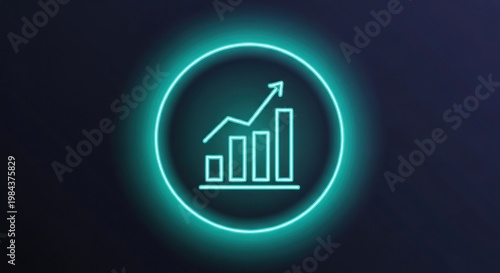 Illuminated neon blue circle graphic showcasing a glowing bar chart with an upward trending arrow symbolizing financial growth business success and positive economic progress